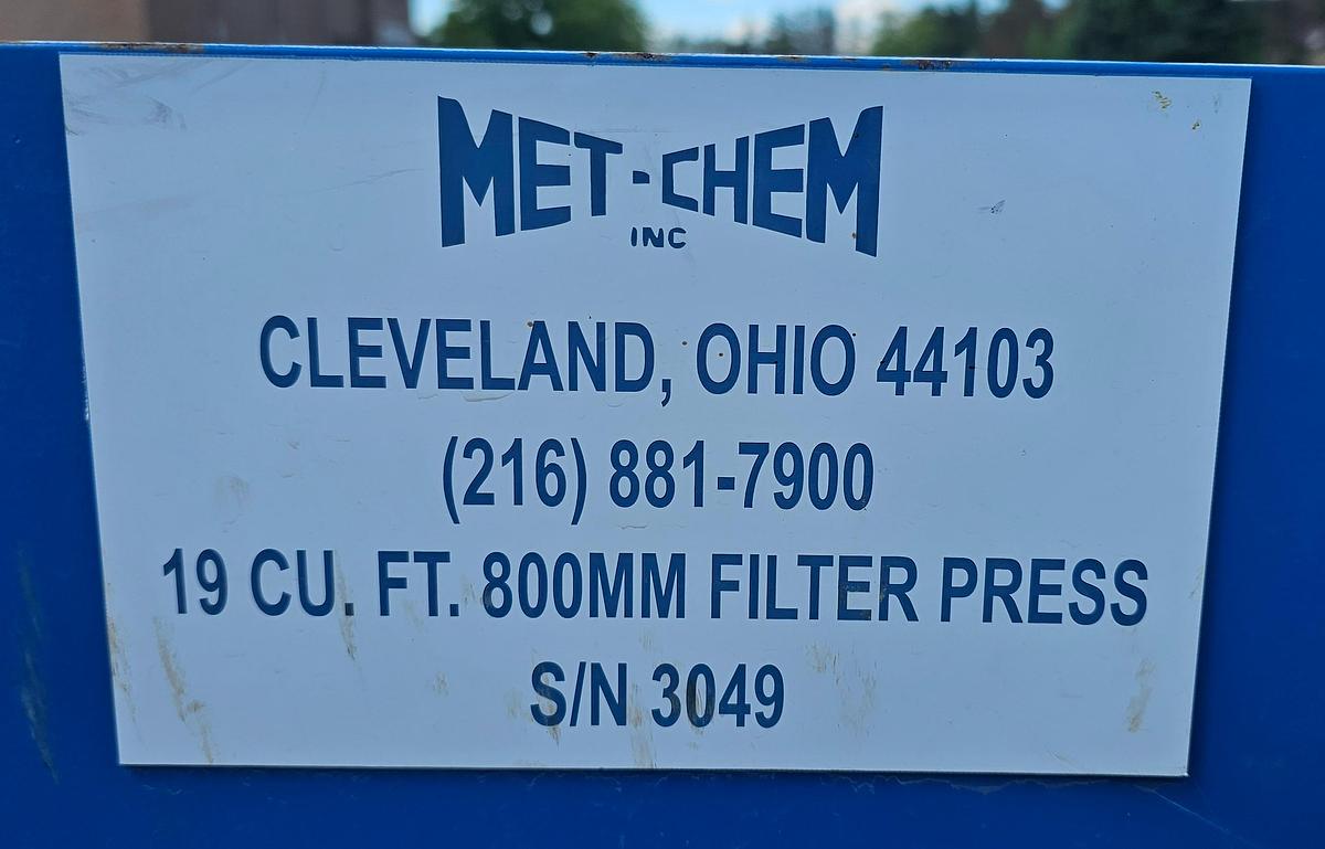 Used Met-Chem 19 Cu. Ft. 800mm Hydraulic Filter Press – 38 Polypropylene Plates - Like New Condition