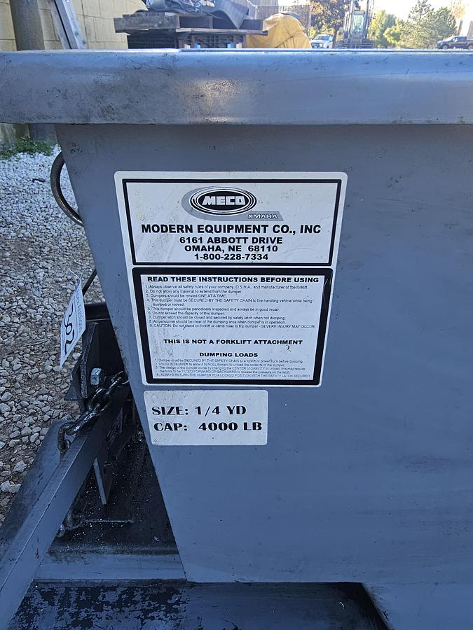 Used 1/4 Cu. Yard Modern Equipment Co. Self Dumping Hopper, 4000 lb Capacity