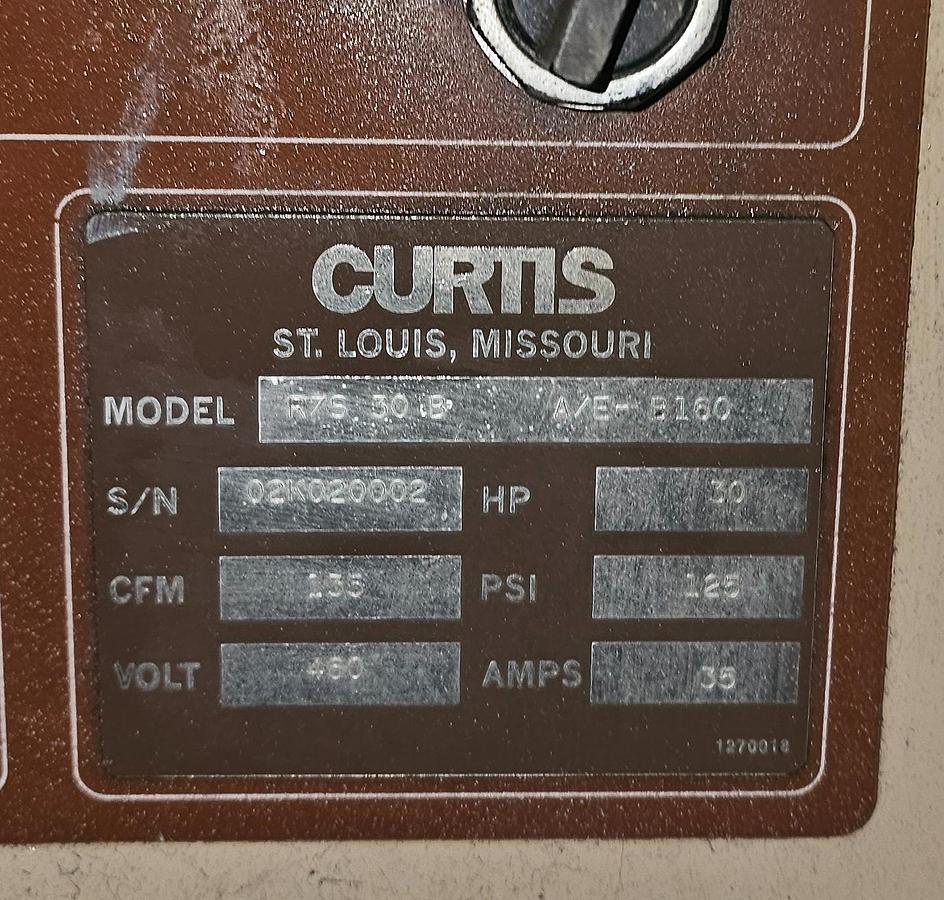 Used Curtis R/S 30 B Rotary Screw Air Compressor A/E-B160 & 120 Gallon Tank 135 CFM @ 125 PSI 