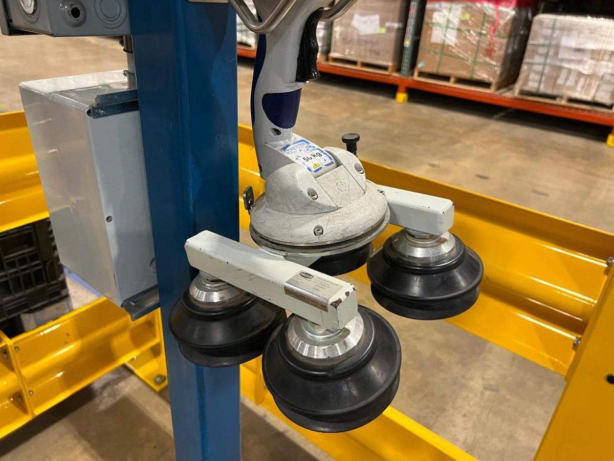 Used 250# Gorbel Twin Bridge Freestanding Crane 26' Span x 45' Runway w/ Schmalz 50 Kg Vacuum Lift Systems 