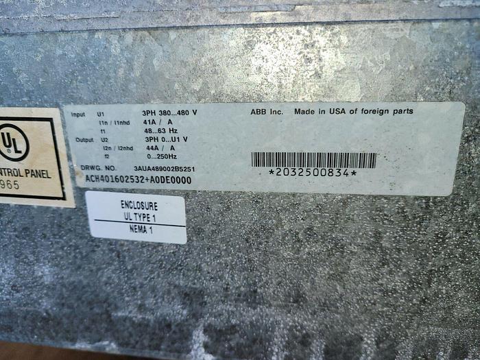 Used ABB Variable Frequency AC Drive ACH401602532+A0DE0000 40 Hp Drive & Bypass