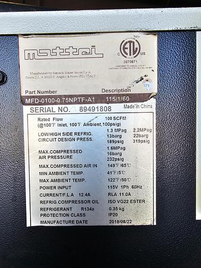 Used 25 Hp Mattei AC18-LX Rotary Screw Air Compressor & 100 CFM Mattei Air Dryer