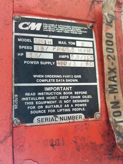 Used 2 Ton CM #5201H Lodestar XL Electric Chain Hoist 460V-3-60, 15′ Lift – 18 FPM