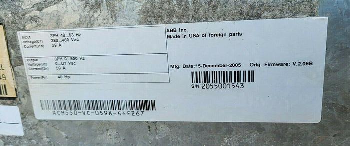 Used ABB 40 HP HVAC Variable Frequency Drive ACH550-VC-059A-4+F267