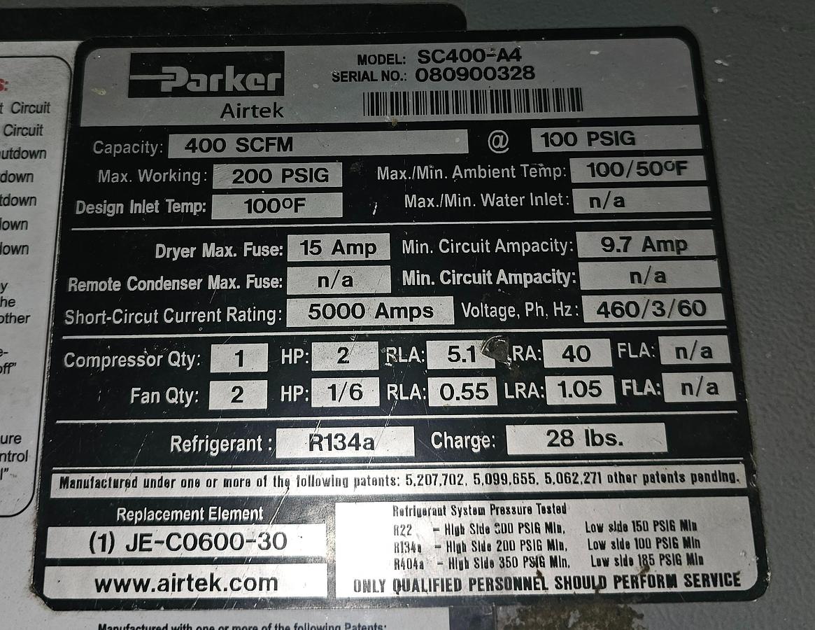 Used Parker Airtek SC400-A4 Refrigerated 400 CFM Air Dryer 200 Psig
