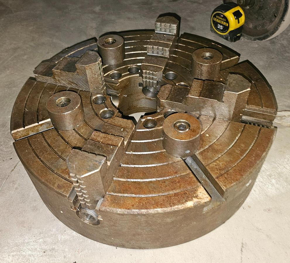 Used 16'' 4-JAW LATHE CHUCK w/CAM LOCK DESIGN, 4'' THRU-HOLE, 4" THICK, FLAT BACK MNT