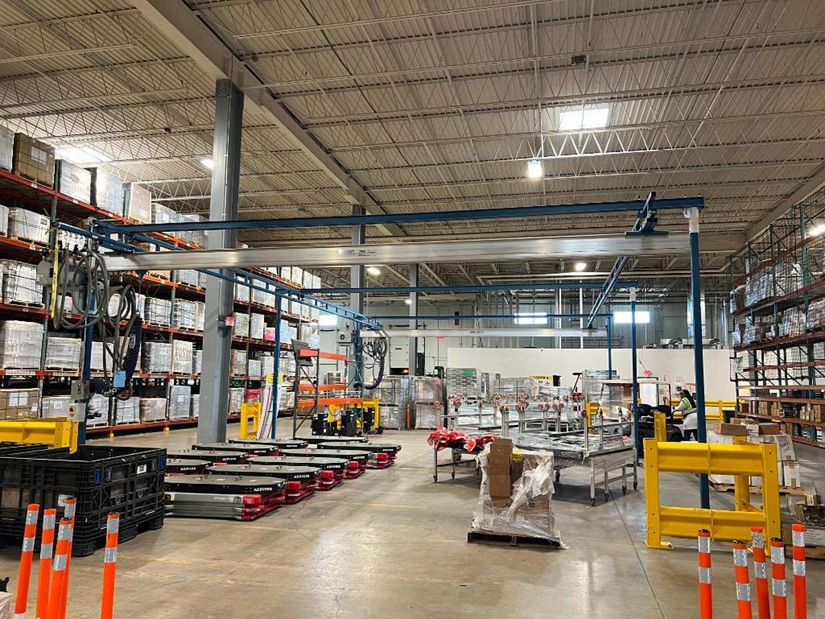 Used 250# Gorbel Twin Bridge Freestanding Crane 26' Span x 45' Runway w/ Schmalz 50 Kg Vacuum Lift Systems 