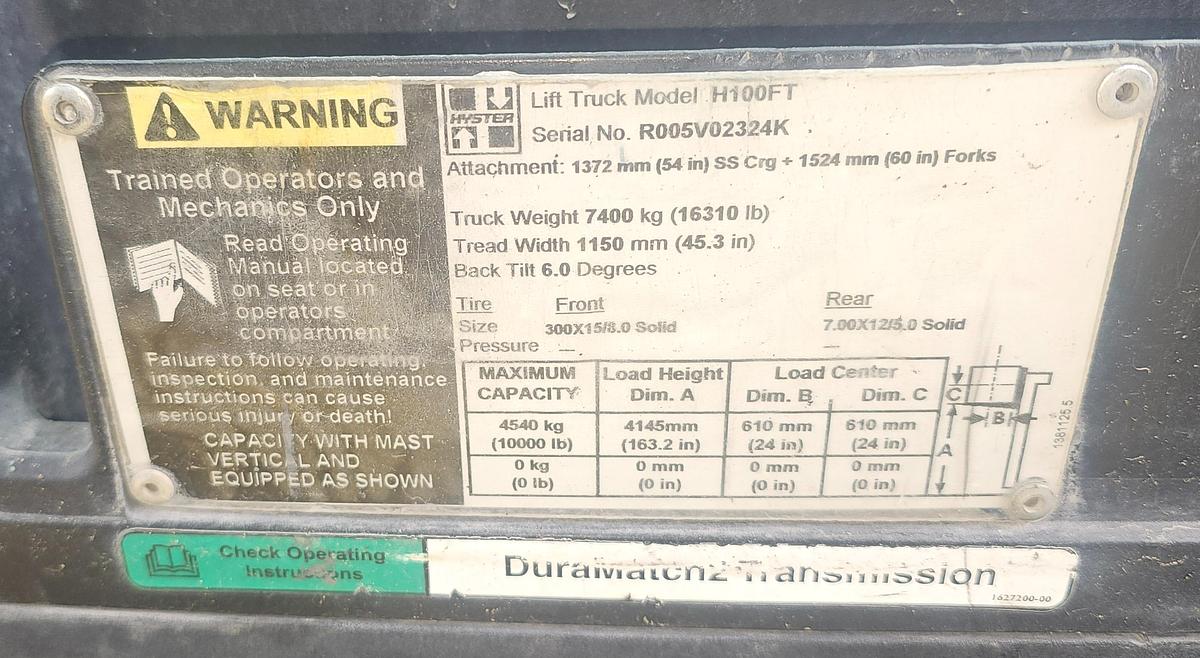 Used 2012 Hyster H100FT Propane 3-Stage Low Profile Mast Forklift - 10,000 LB, 163.2" Lift