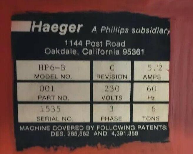 Used Haeger HP6-B Hydraulic 6 Ton Insertion Press w/Tooling as pictured