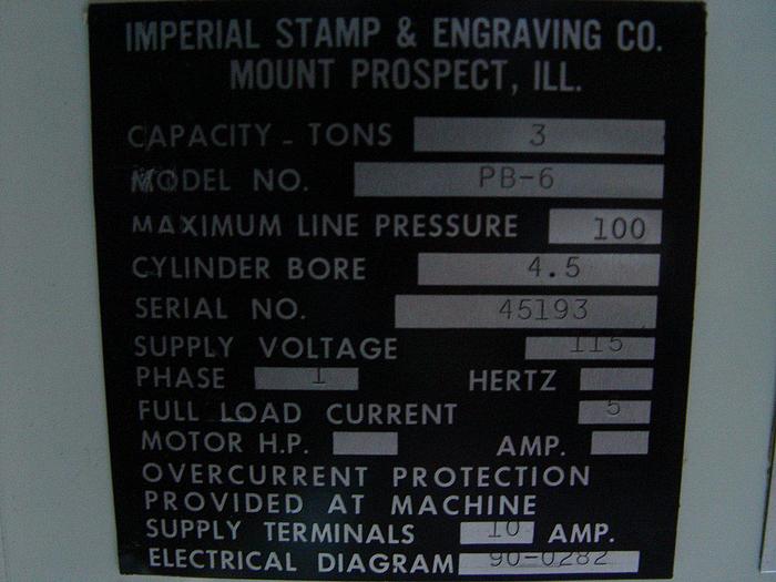 Used Imperial 3 Ton Stamp Marking Machine Mdl #: PB-6