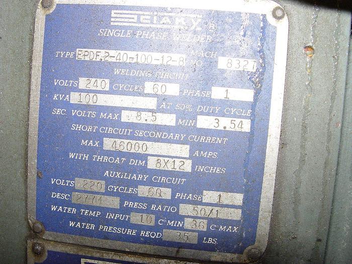 Used Sciaky 100 KVA 240 Volt 1 ph Press Type Spot Welder w/Entron Solid State Control
