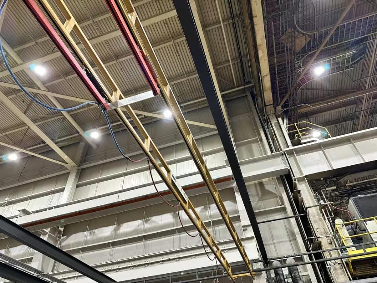 Used 500# Spanco 34' Span x 45' Run Double Girder Freestanding Bridge Crane w/Hoist & Pneumatic Handler