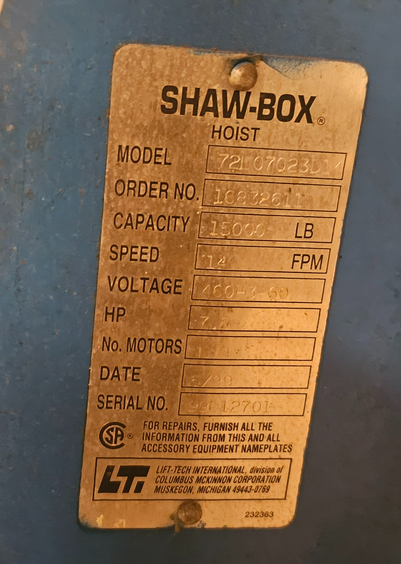Used 7.5 Ton Uesco Top Running Overhead Crane 45' Span Shaw Box 72L Hoist + I-Beams