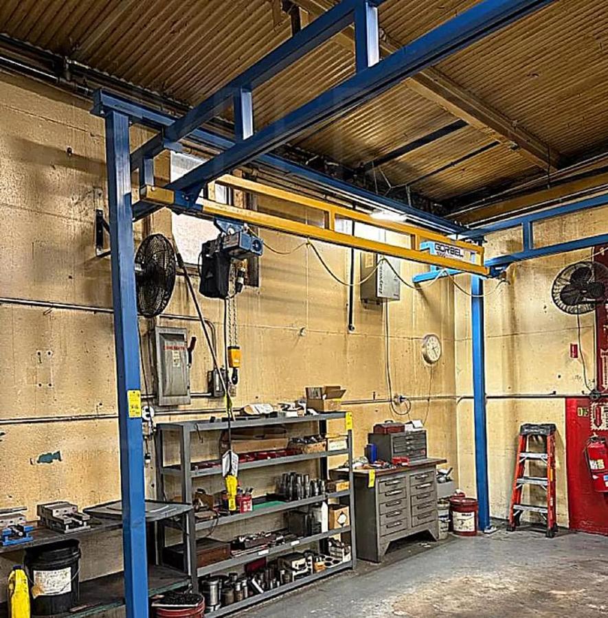 Used 14' Span x 32' Runway Gorbel 1000 lb Freestanding Bridge Crane System & Hoist