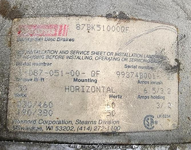 Used Baldor 10 Hp Motor #BM3313T, 215T Frame, 1725 RPM, 208-230/460/3/60, w/Brake