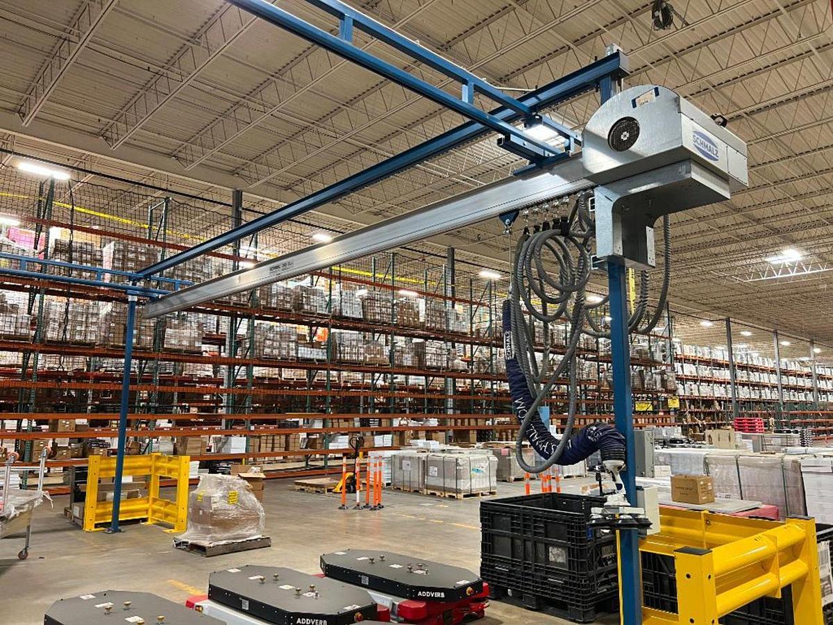 Used 250# Gorbel Twin Bridge Freestanding Crane 26' Span x 45' Runway w/ Schmalz 50 Kg Vacuum Lift Systems 