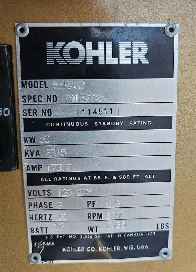Used 50 kW Kohler 55RZ82 Fast Response LP Generator Set - 794 Hours