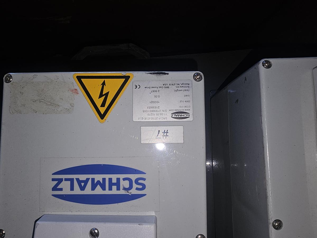 Used 250# Gorbel Twin Bridge Freestanding Crane 26' Span x 45' Runway w/ Schmalz 50 Kg Vacuum Lift Systems 