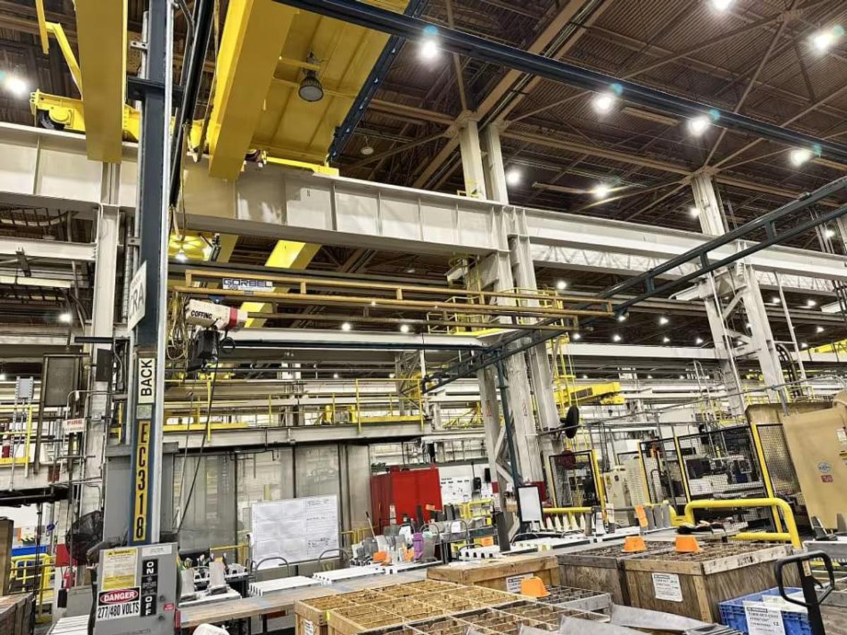 Used 500# Gorbel 48' Span x 50' Runway Twin Bridge Freestanding Workstation Crane & Hoists