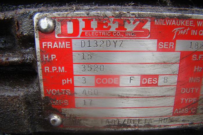 Used 460 VOLT DIETZ D132DYZ 15HP 3520 RPM ELECTRIC MOTOR