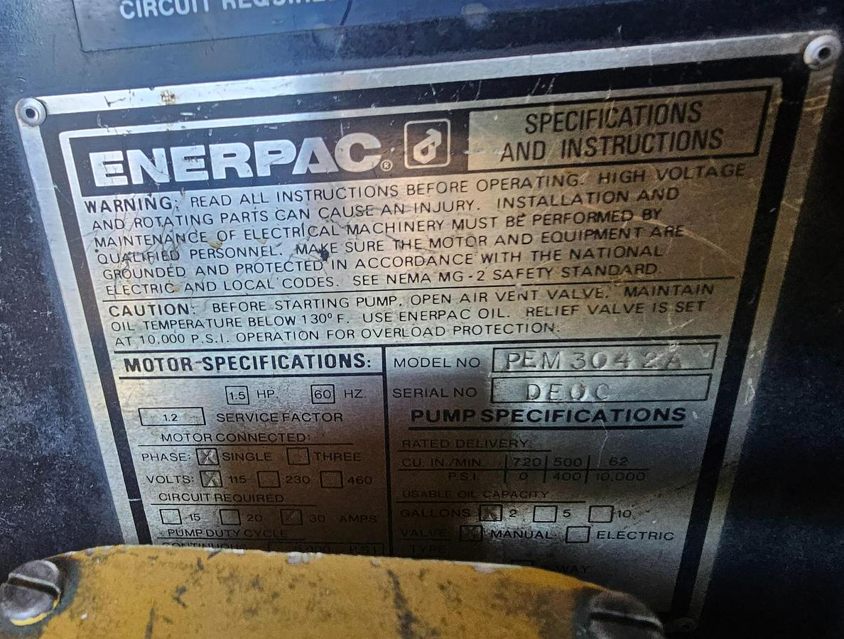 Used 50 Ton Enerpac Electric Over Hydraulic H-Frame Shop Press with Interchangeable Bits