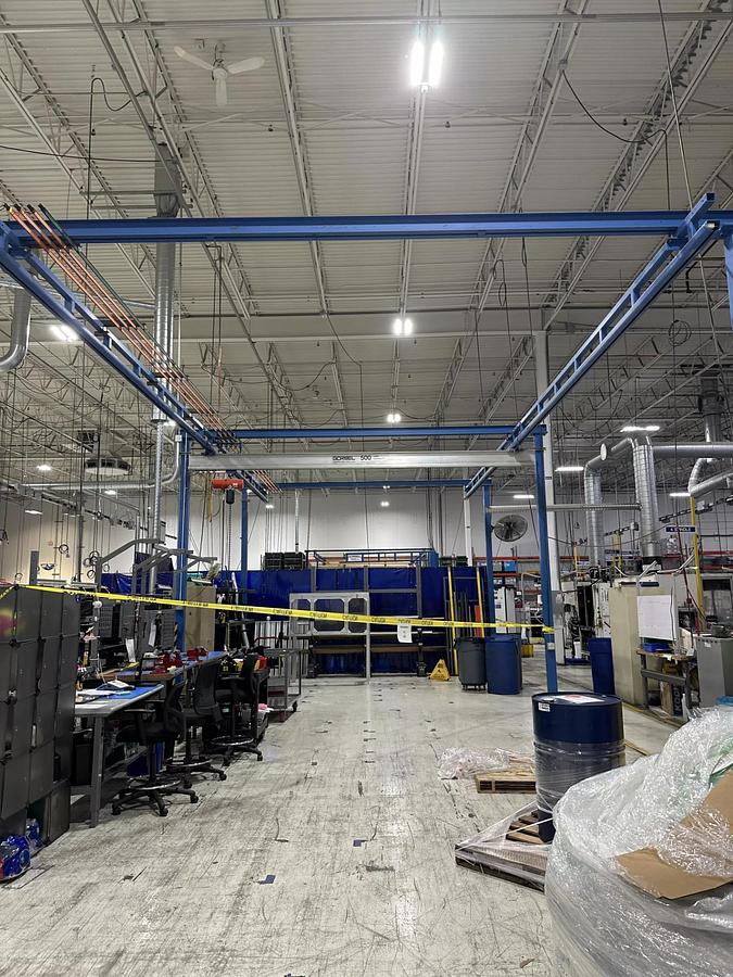 Used Gorbel 500 lb Freestanding Workstation Bridge Crane 18' Alum Bridge x 40' Runway w/ CM Hoist