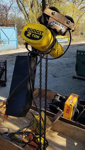 Used Budgit 2 Ton Electric Chain Hoist Mdl #BEH0216 16 FPM w/Manual Trolley & Pendant