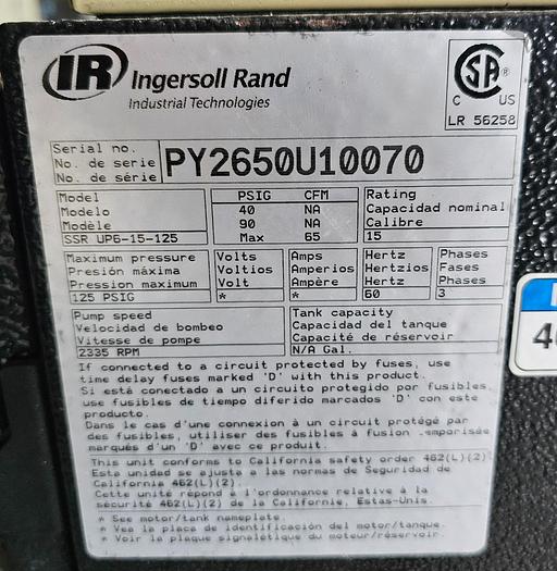 Used 2010 15 Hp Ingersoll Rand Model SSR UP6-15-125 Rotary Screw Air Compressor