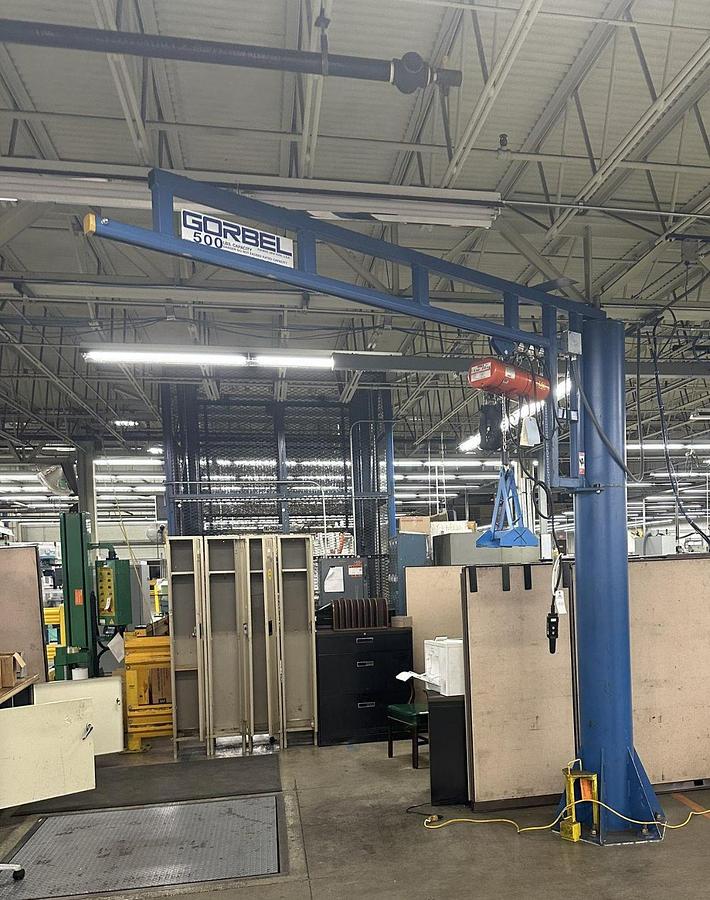 Used 500# Gorbel Freestanding Jib Crane 8' Under Beam x 100" Arm Length & CM Hoist 