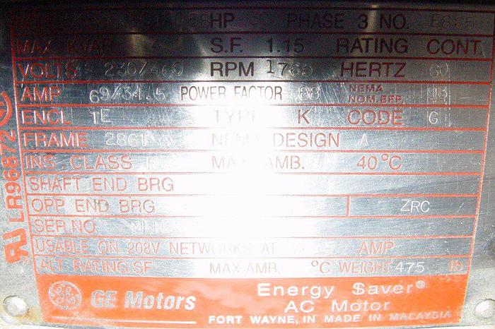 Used GE Energy Saver Electric Motor 30 HP Model #5KS286BCT205B