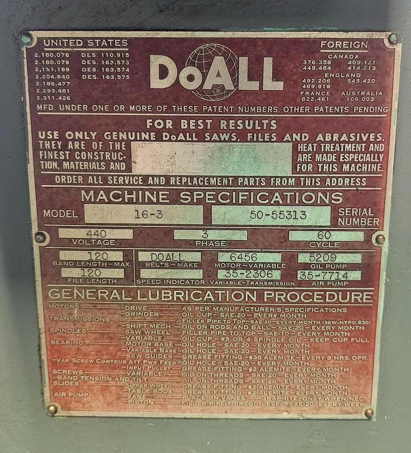 Used 16" Doall 16-3 Variable Speed Vertical Bandsaw, Hydraulic Table & Blade Welder