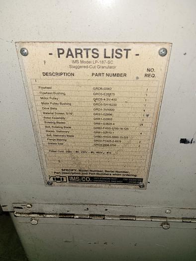 Used 15 HP IMS Granulator Model LP-187SC 18” x 18” Opening