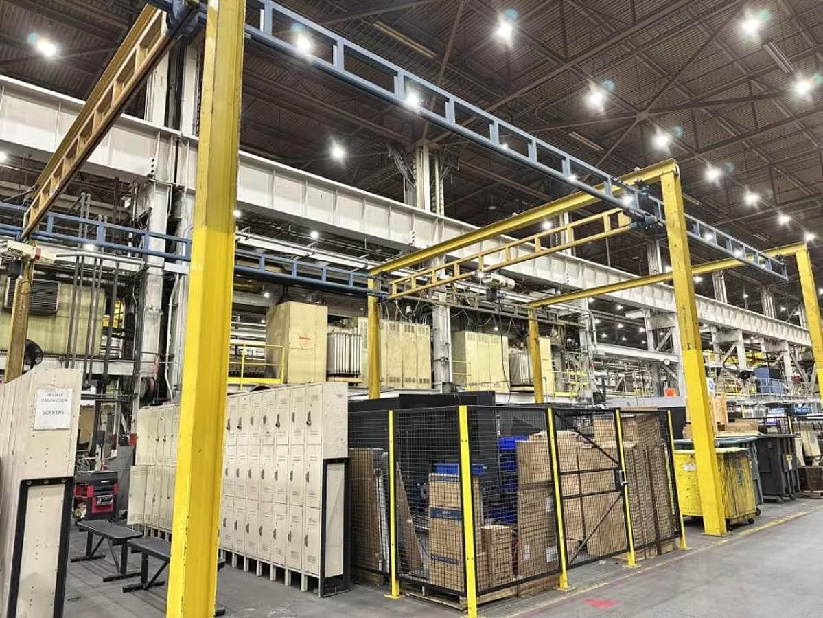 Used 1000# Gorbel 25' Span x 45' Free Standing Twin Bridge Crane System & 1/4 Ton Hoists