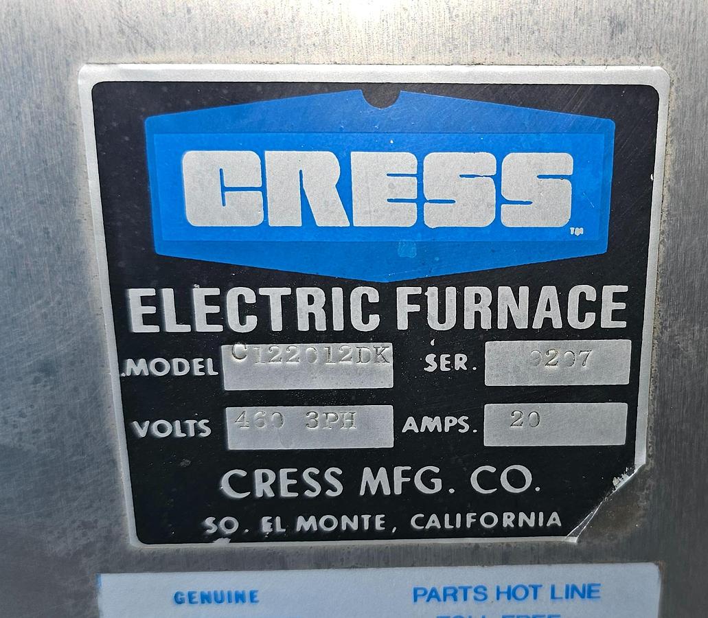 Used 2500* F Cress C122012DK Electric Heat Treat/Draw Furnace 12" x 14" x 20" Chamber 
