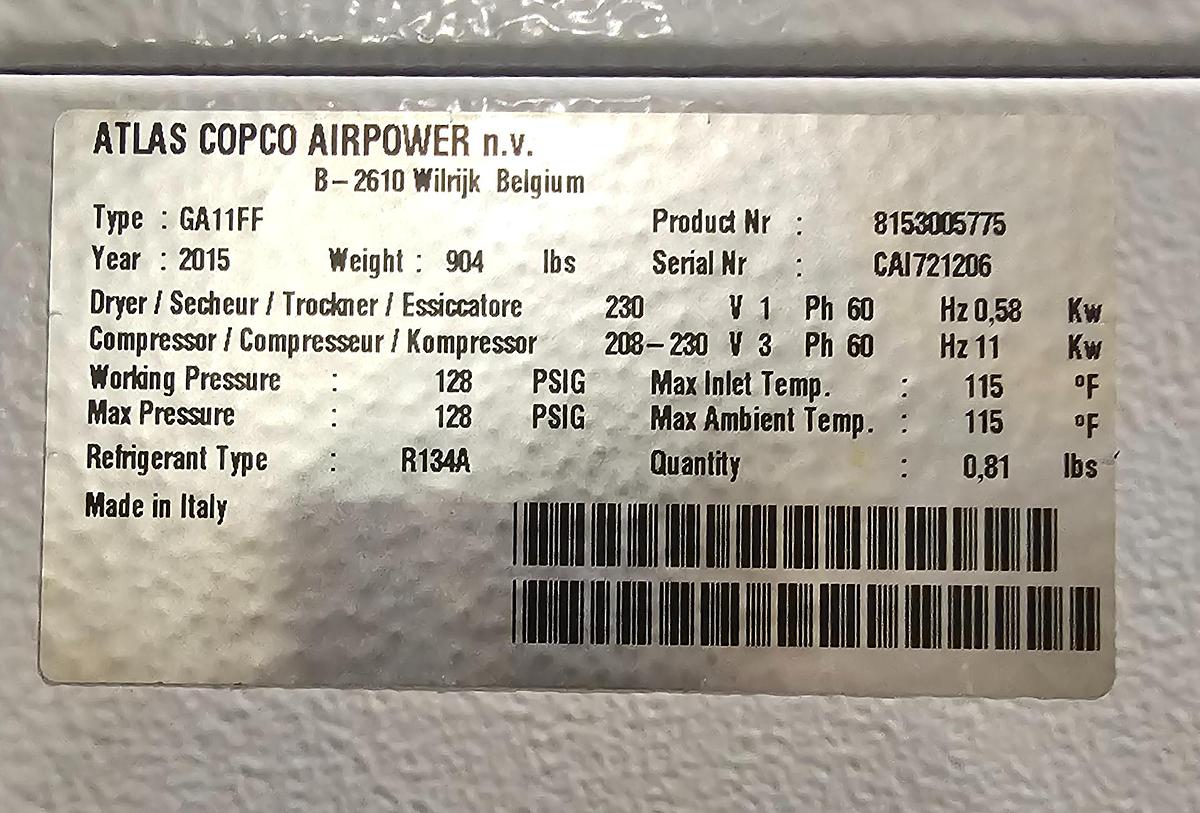Used 2015 Atlas Copco GA11FF 15 Hp Rotary Screw Air Compressor - Only 3138 Hours!!