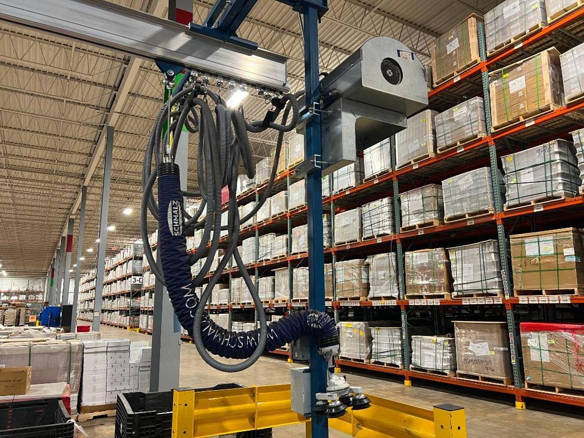 Used 250# Gorbel Twin Bridge Freestanding Crane 26' Span x 45' Runway w/ Schmalz 50 Kg Vacuum Lift Systems 