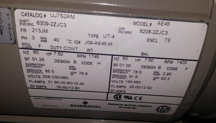 7.5 Hp Emerson Motor Mdl.#AE45, 208- 230/460/3/60 Frame:213JM, 1.25 SF, 1725 RPM