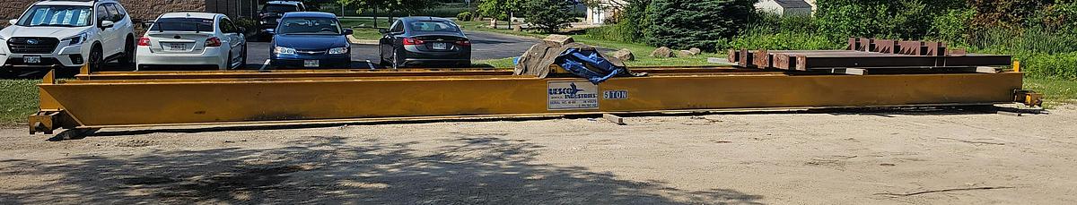 Used 58' Span x 100' Run Uesco 5 Ton Double Girder Freestanding Bridge Crane w/Top Running RM Spacemaster Hoist