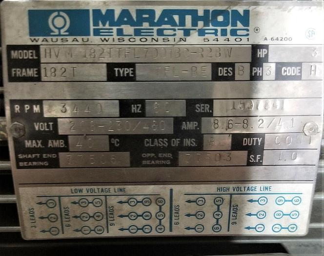 Used Marathon 3 Hp Electric Motor HVM-182TTFL7001BC-R28W 230/460v 3440 RPM