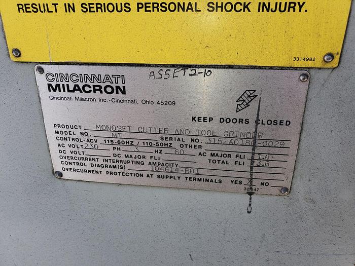 Used Cincinnati Milacron Monoset #MT Tool & Cutter Grinder – Motorized Wheelhead