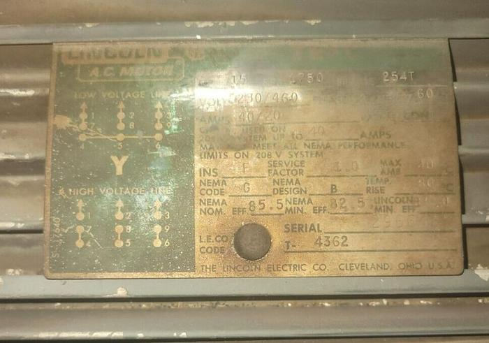 Used Lincoln 15 Hp AC Motor 1750 RPM 254T Frame w/Pulley 230/460V