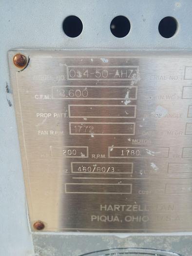 Used 18600-35000 CFM Hartzell 200 Hp Electric Paddle Whl Fan #054-50-AHZ346″ WC/SP