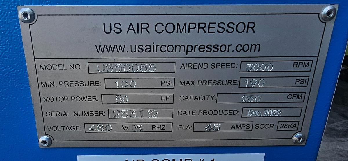 Used 2022 US Air Compressor US50D55 50-HP VSD Rotary Screw Air Compressor | <6k Hrs | 230 SCFM 