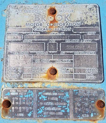 Used 250 Hp Brook Electric Motor 230/460V, 3 ph, 60 Hz, 594/297A @ 1770 RPM