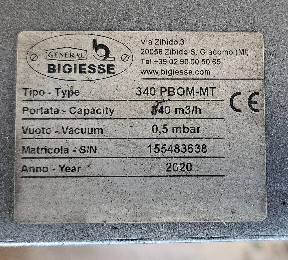 Used 340 m3/h General Bigiesse Rotary Vane Vacuum Pump 340 PBOM-MT