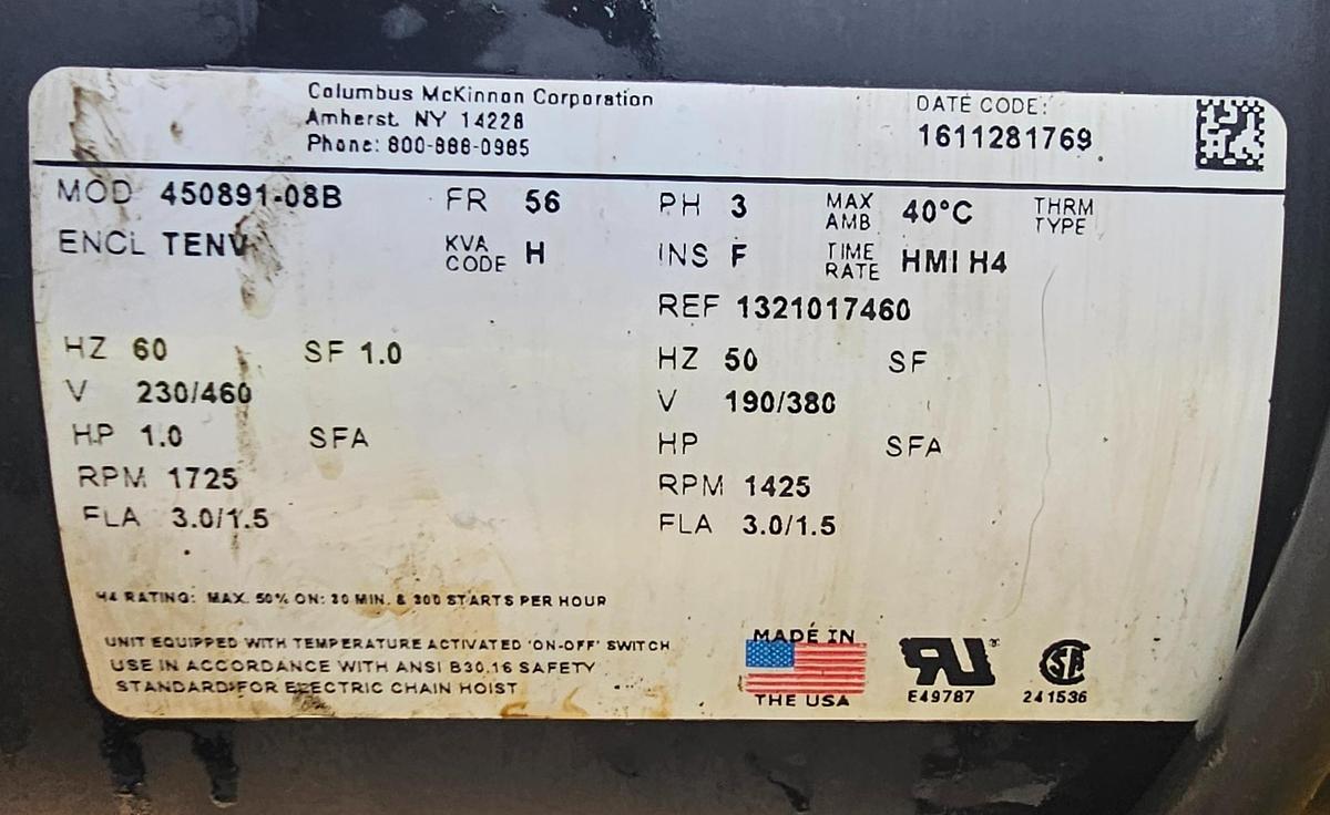 Used 1 Ton Budgit BEHC0116 Electric Chain Hoist, 16 FPM Lift Speed, 15' Lift