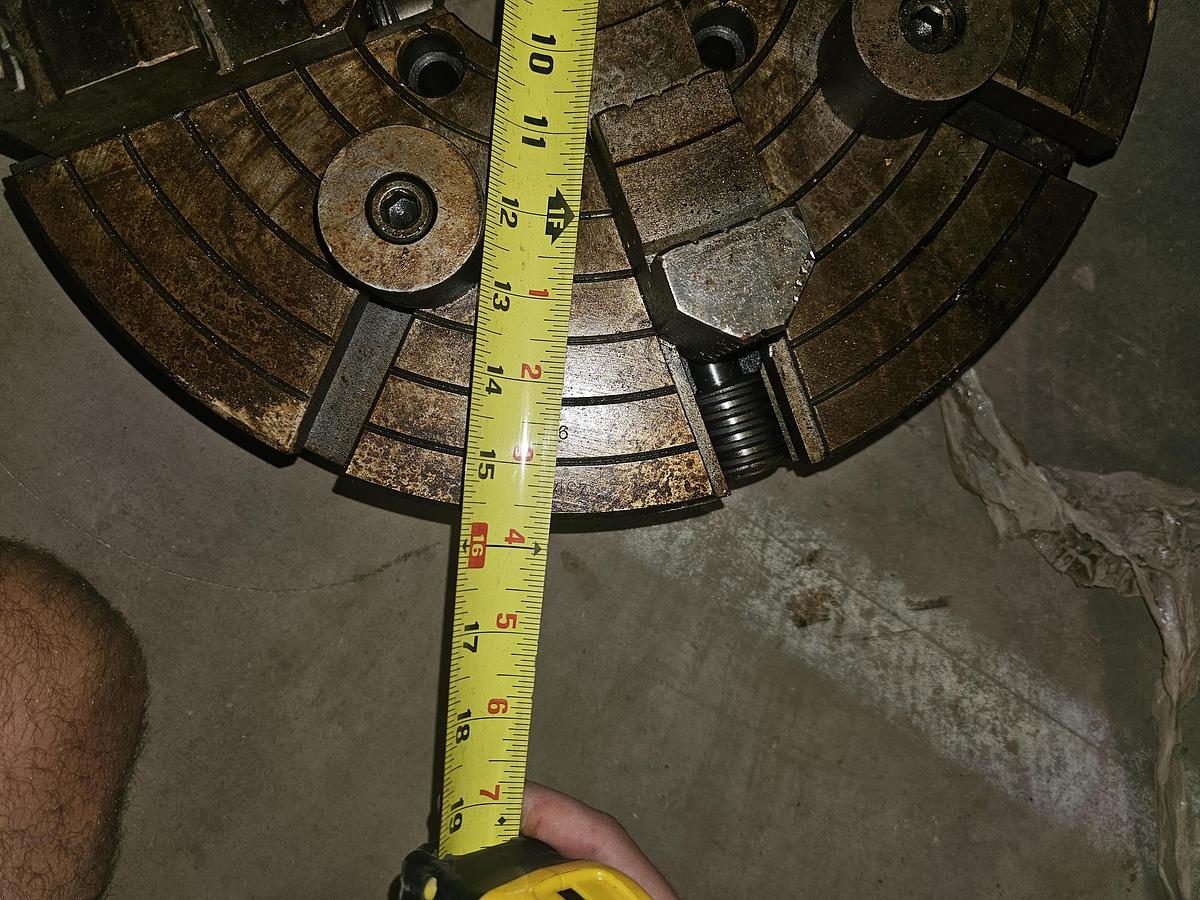 Used 16'' 4-JAW LATHE CHUCK w/CAM LOCK DESIGN, 4'' THRU-HOLE, 4" THICK, FLAT BACK MNT