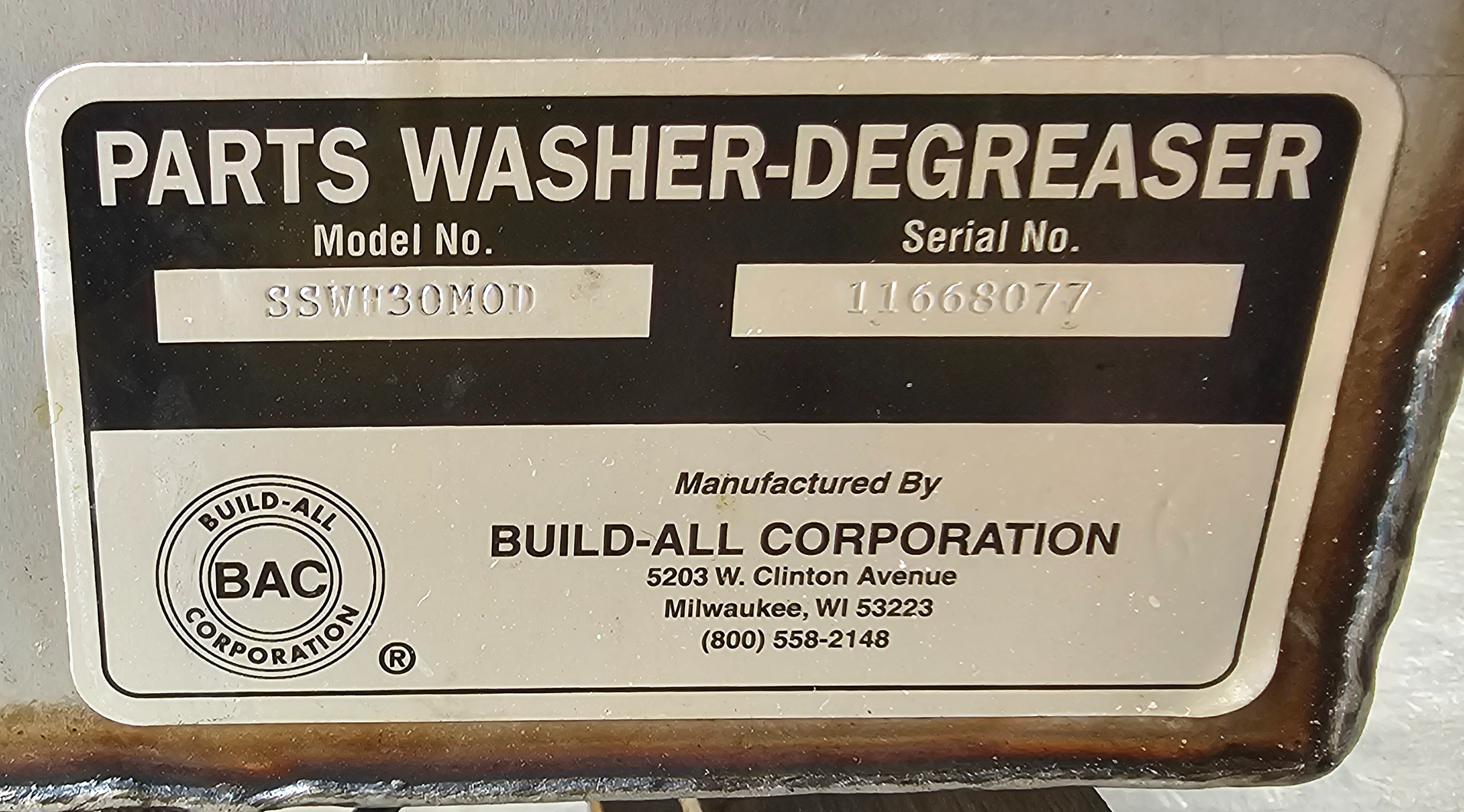 Used Build-All SSWH30MOD Stainless Heated Parts Washer Top (No Drum, Washer Only)