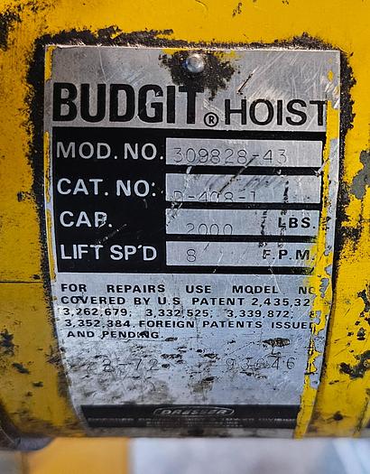 Used 1 Ton Budgit 309828-43 Electric Roller Chain Hoist & Trolley, 10' Lift, 8 F.P.M Lift Speed