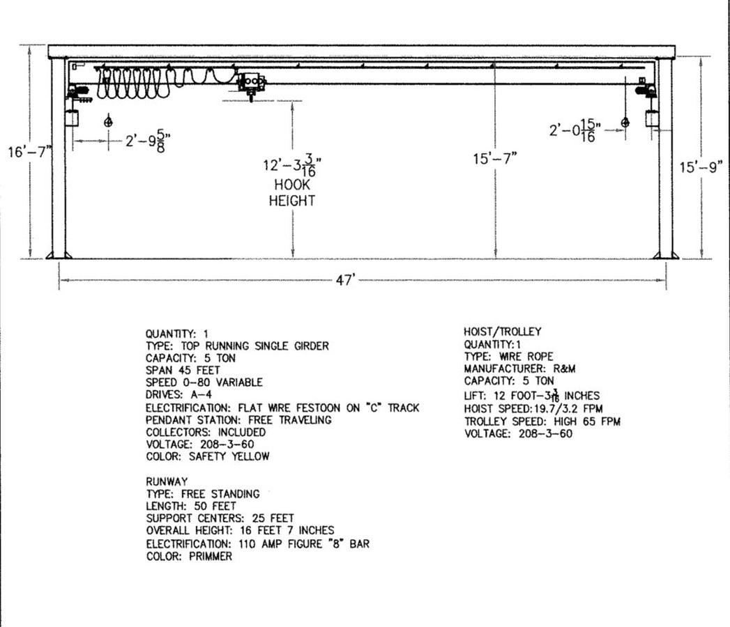Used 5 Ton Crane Werks 45' x 100' Free Standing Overhead Bridge Crane & RM Hoist
